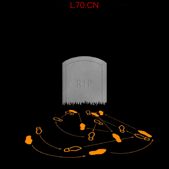 黑色背景下一块灰色墓碑，中央刻着 “安息”（RIP），碑底边缘残破。墓碑下方是几只橙色鞋底 —— 有的仅勾勒轮廓，有的已填色 —— 箭头标示出舞步轨迹。